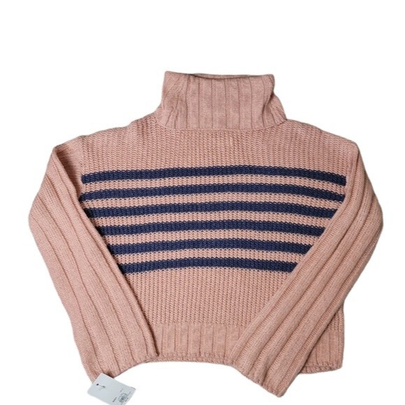 Oversized Turtleneck Knit Sweater Pink with Blue Stripe/Juniors Size XS - Picture 2 of 7